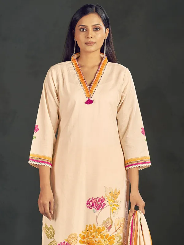 Cream printed silk kurti set with dupatta