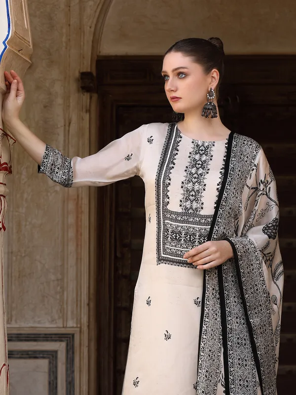 Cream printed silk kurti set with printed dupatta