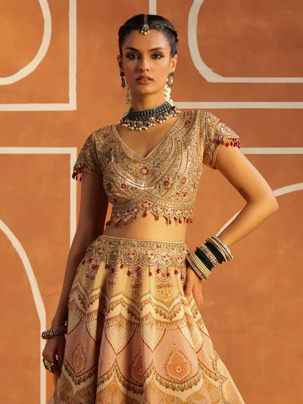 Cream printed silk lehenga choli with dupatta