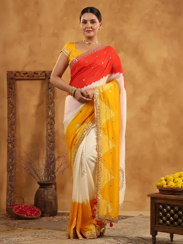 Cream printed silk saree for festive wear