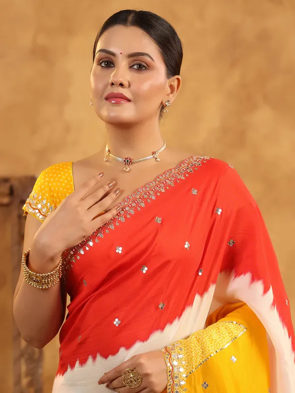 Cream printed silk saree for festive wear