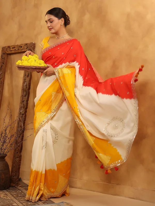 Cream printed silk saree for festive wear