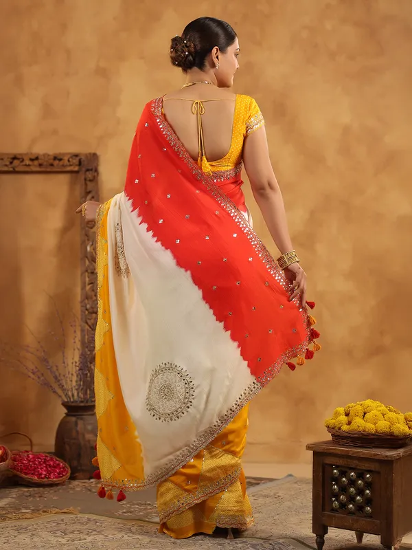 Cream printed silk saree for festive wear