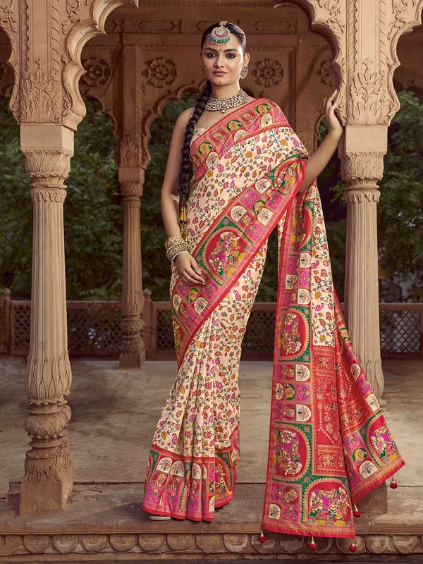 Cream printed silk saree for pooja