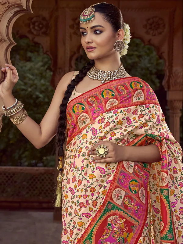 Cream printed silk saree for pooja