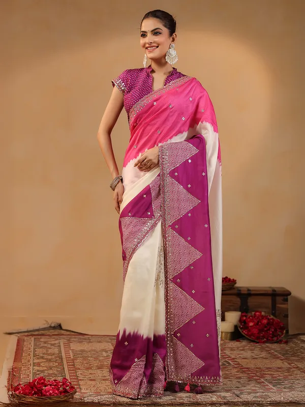 Cream printed silk saree with aabla accents