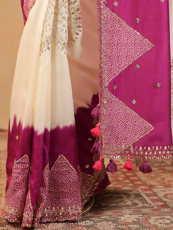 Cream printed silk saree with aabla accents