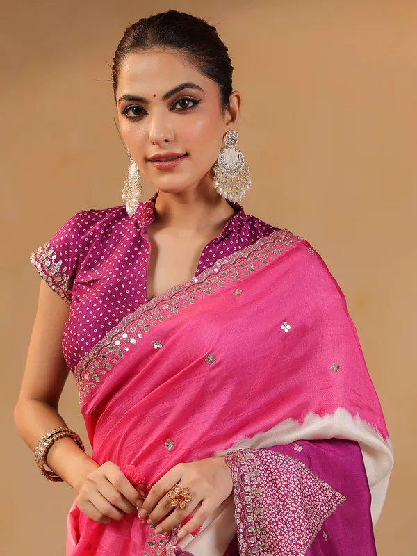 Cream printed silk saree with aabla accents