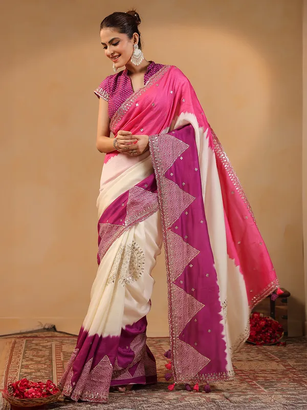 Cream printed silk saree with aabla accents