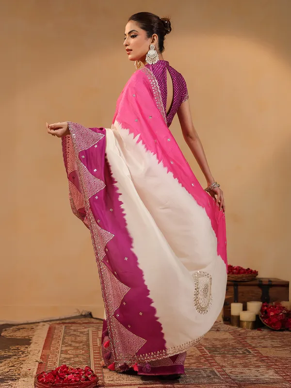 Cream printed silk saree with aabla accents