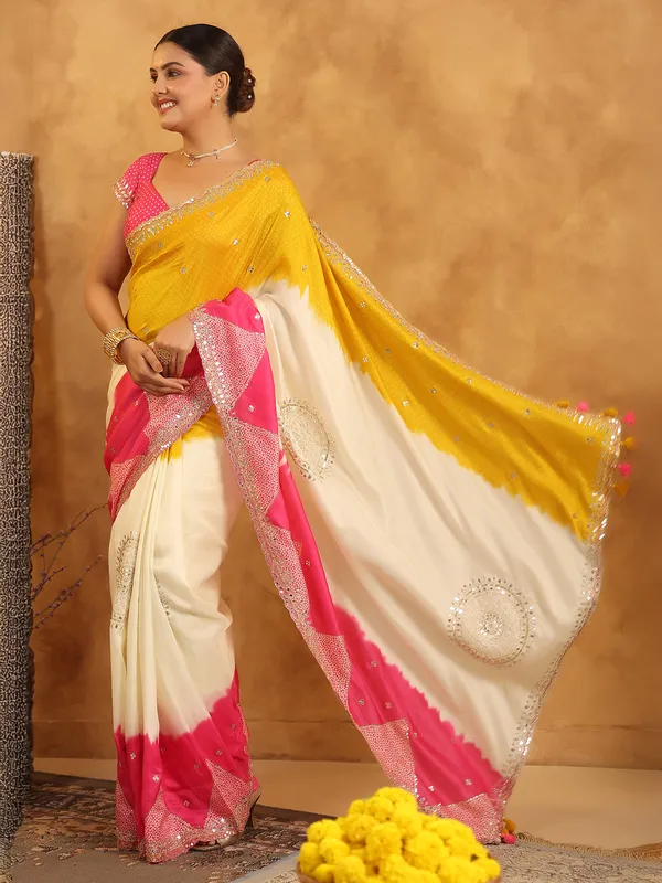 Cream printed silk saree with aabla and resham work