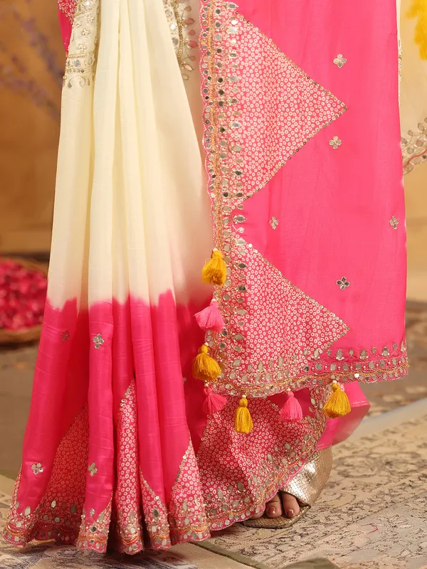 Cream printed silk saree with aabla and resham work