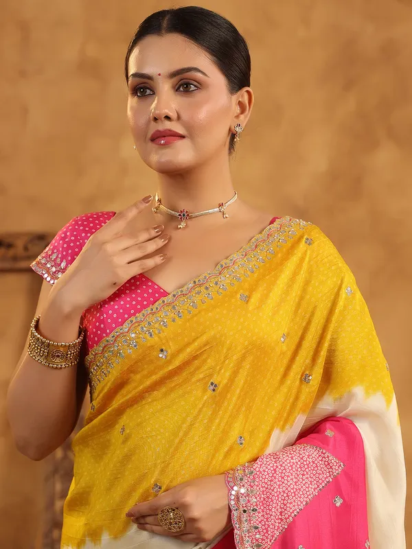 Cream printed silk saree with aabla and resham work