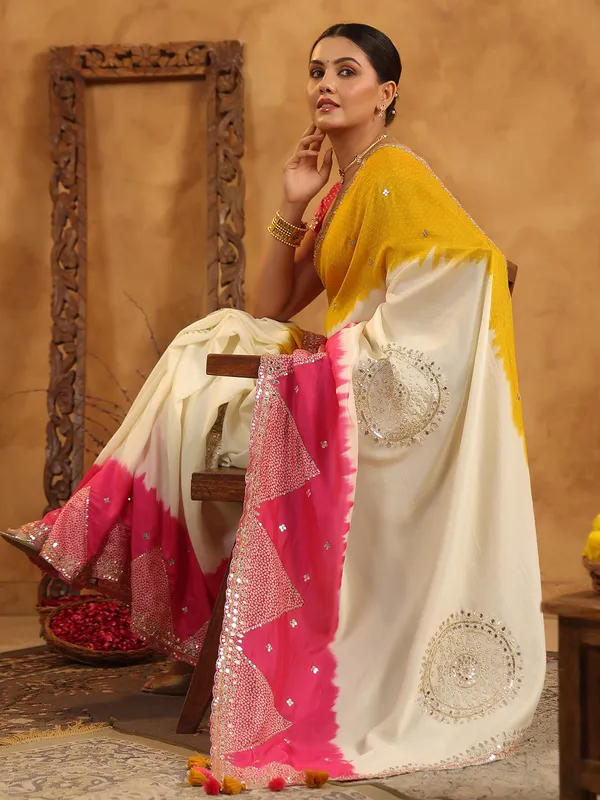 Cream printed silk saree with aabla and resham work