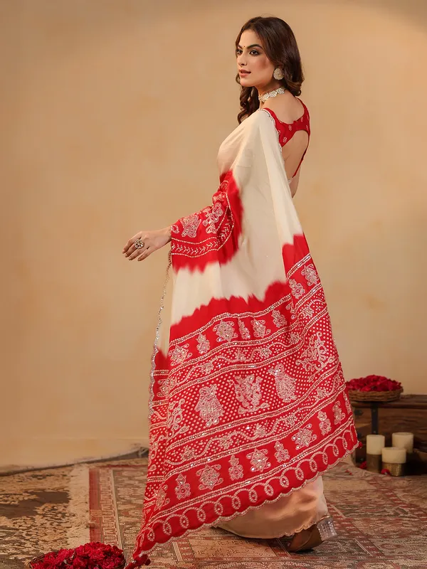 Cream printed silk saree with aabla highlights