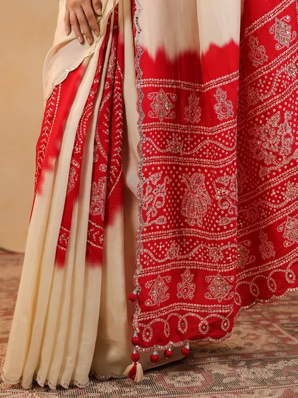 Cream printed silk saree with aabla highlights