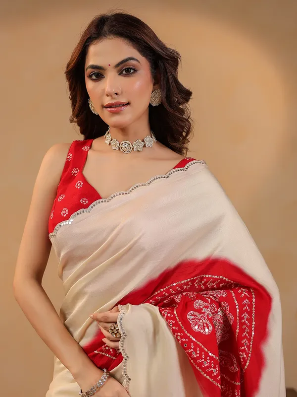 Cream printed silk saree with aabla highlights