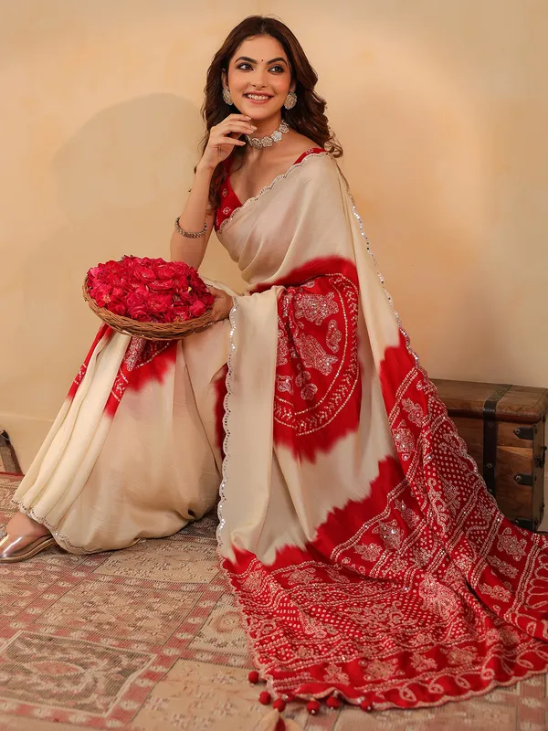 Cream printed silk saree with aabla highlights