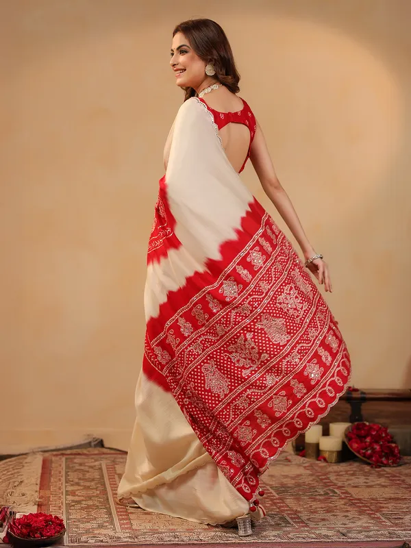 Cream printed silk saree with aabla highlights