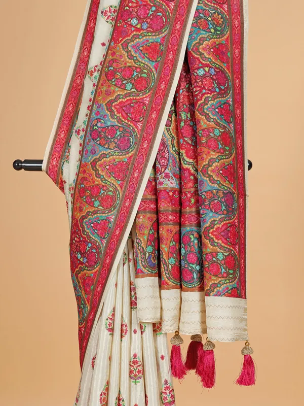 Cream printed silk saree with zari weaving