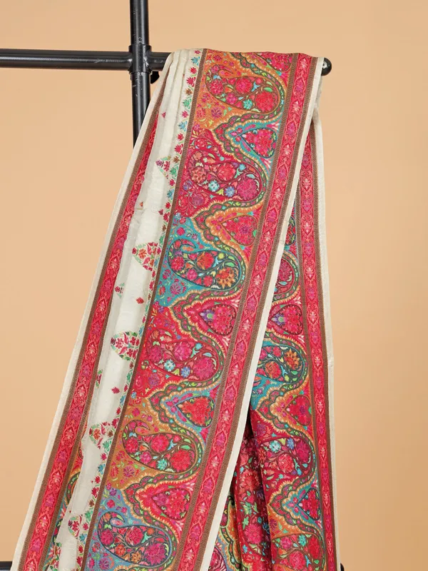 Cream printed silk saree with zari weaving