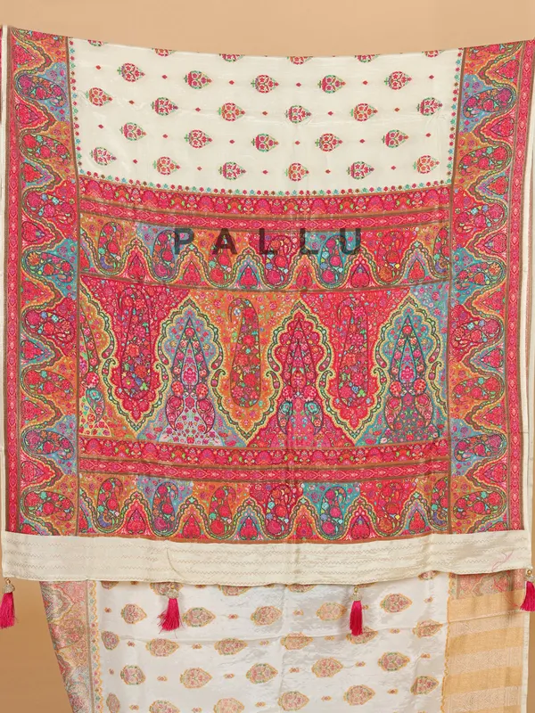 Cream printed silk saree with zari weaving