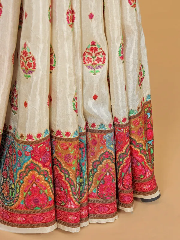 Cream printed silk saree with zari weaving
