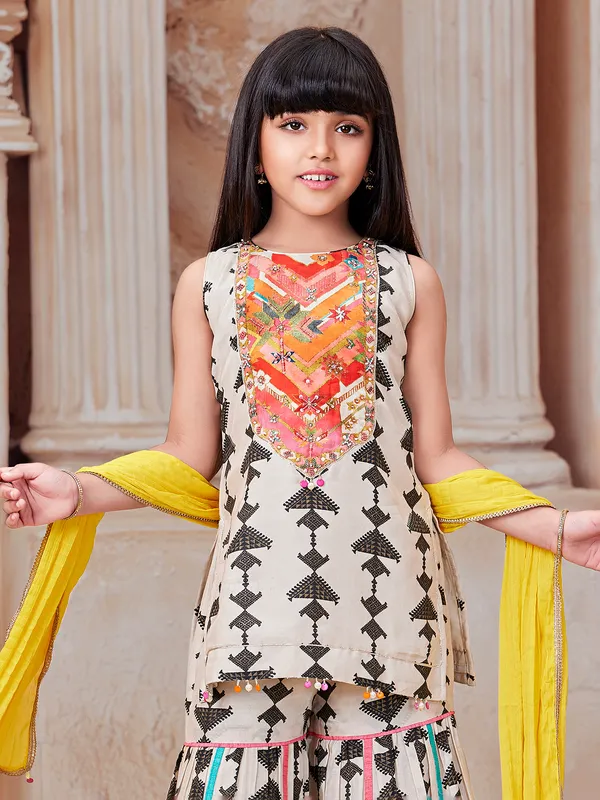 Cream printed silk sharara suit for festival wear