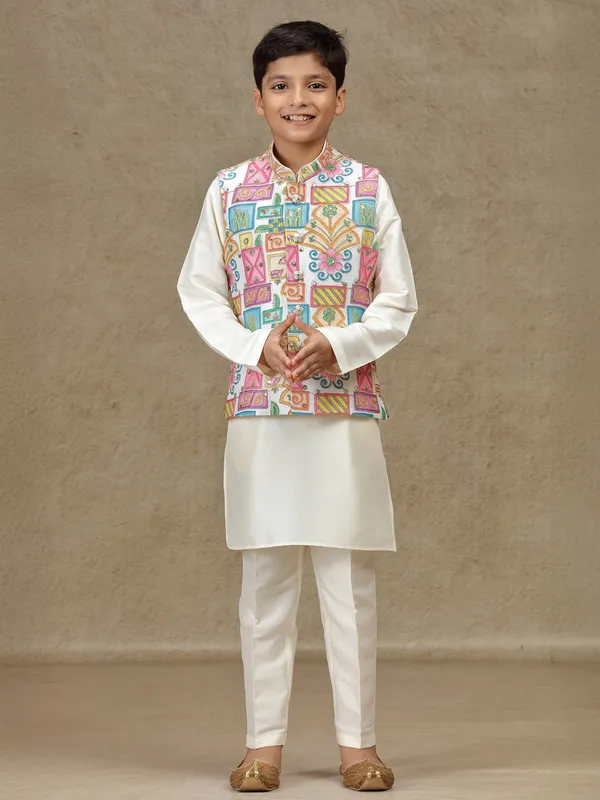 Cream printed silk waistcoat set for boys
