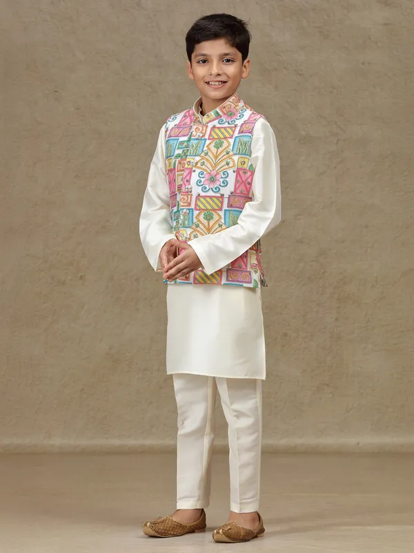 Cream printed silk waistcoat set for boys