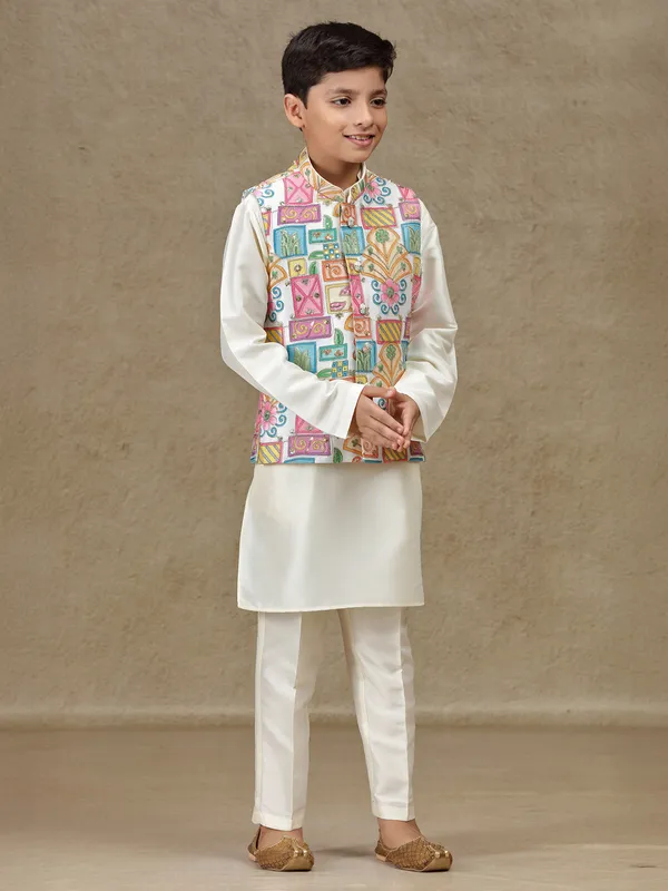 Cream printed silk waistcoat set for boys