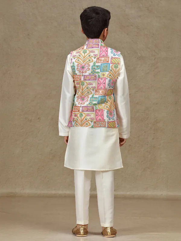 Cream printed silk waistcoat set for boys
