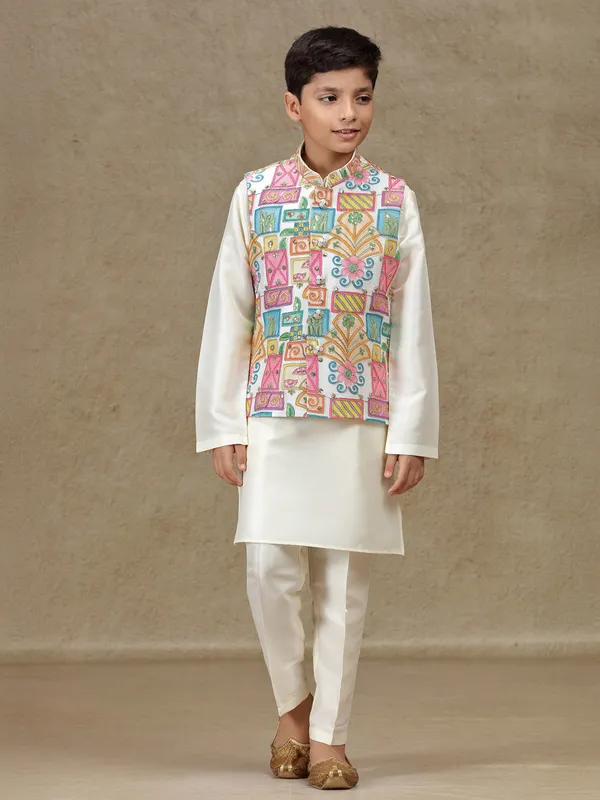 Cream printed silk waistcoat set for boys