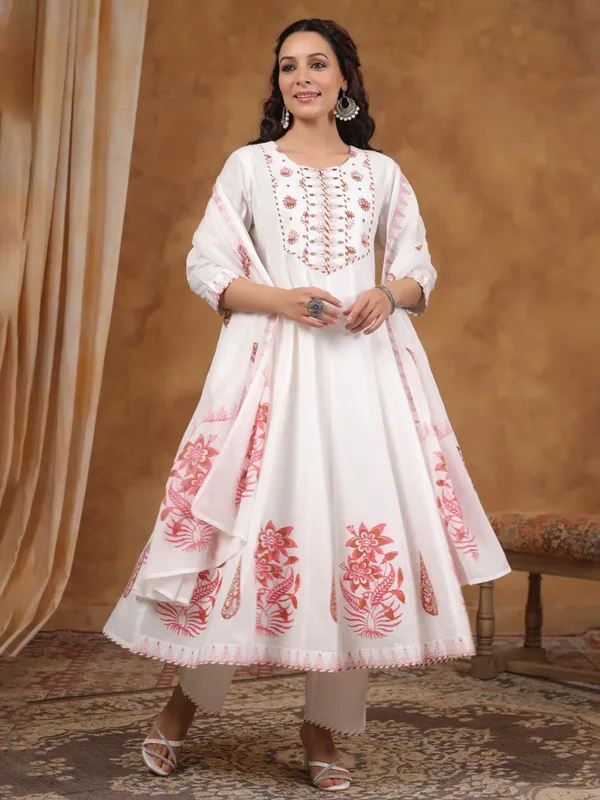 Cream printed soft cotton kurti set with dupatta