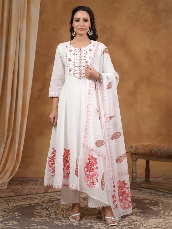 Cream printed soft cotton kurti set with dupatta