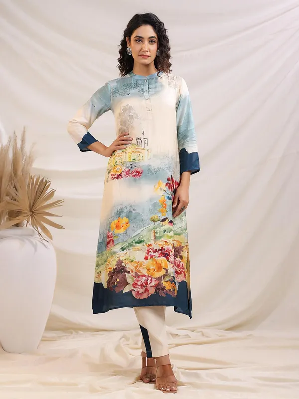 Cream printed sola silk kurti set