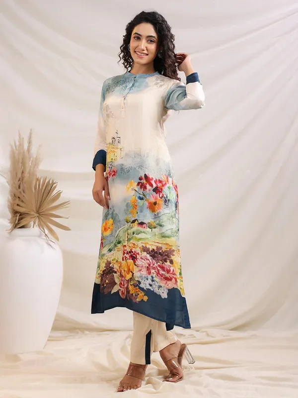 Cream printed sola silk kurti set