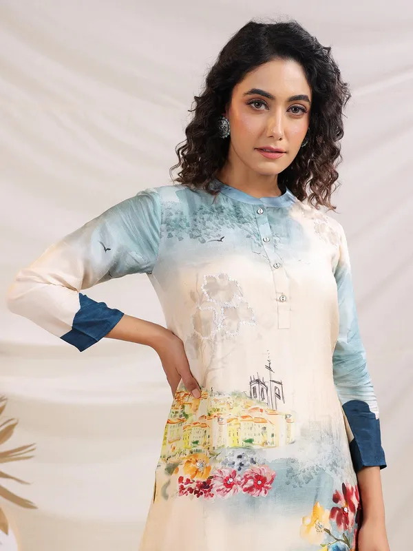 Cream printed sola silk kurti set