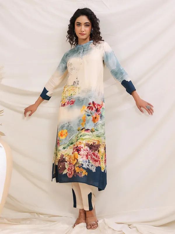 Cream printed sola silk kurti set
