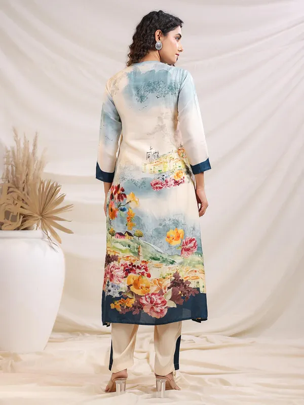 Cream printed sola silk kurti set