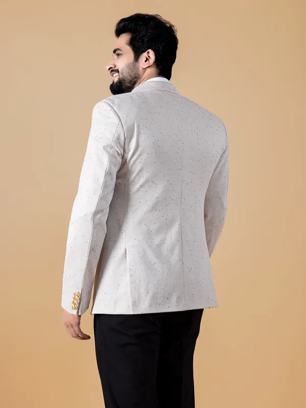 Cream printed terry rayon texture blazer