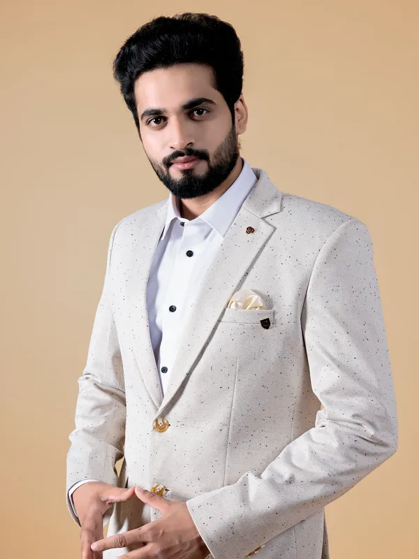Cream printed terry rayon texture blazer