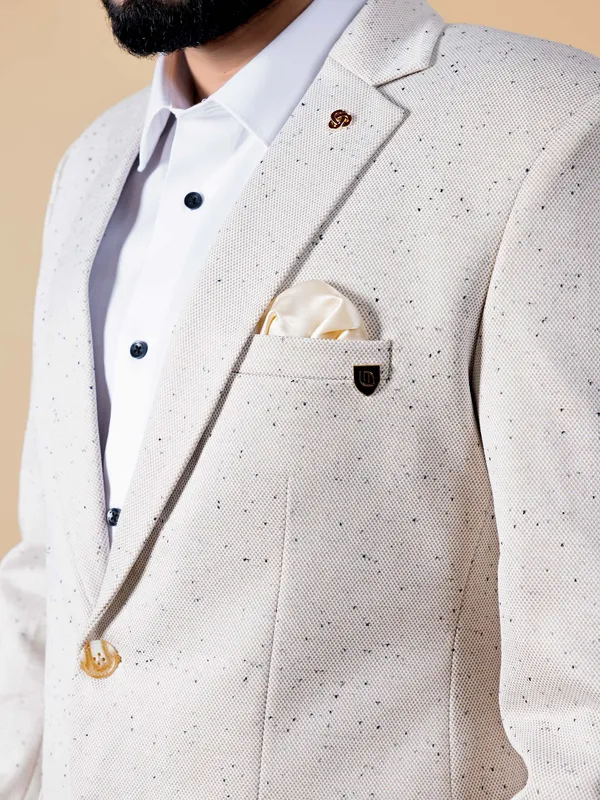 Cream printed terry rayon texture blazer