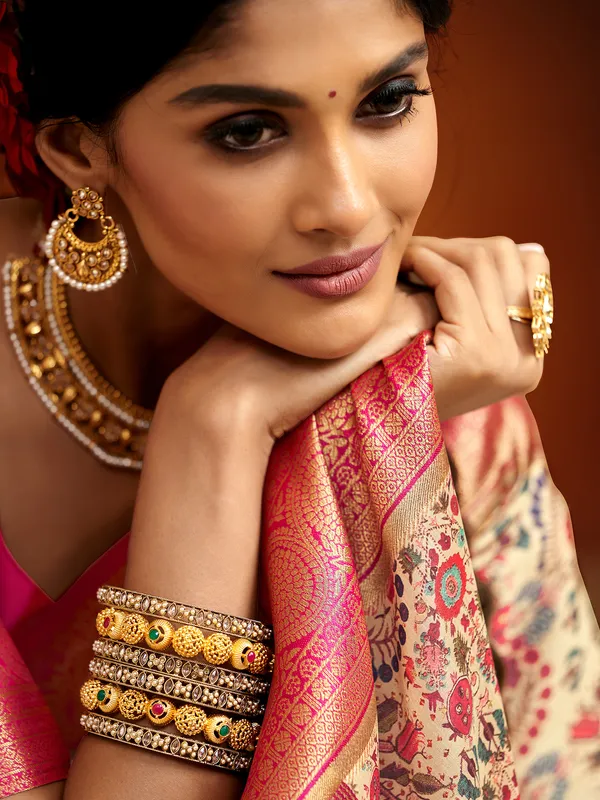 Cream printed tusser silk saree
