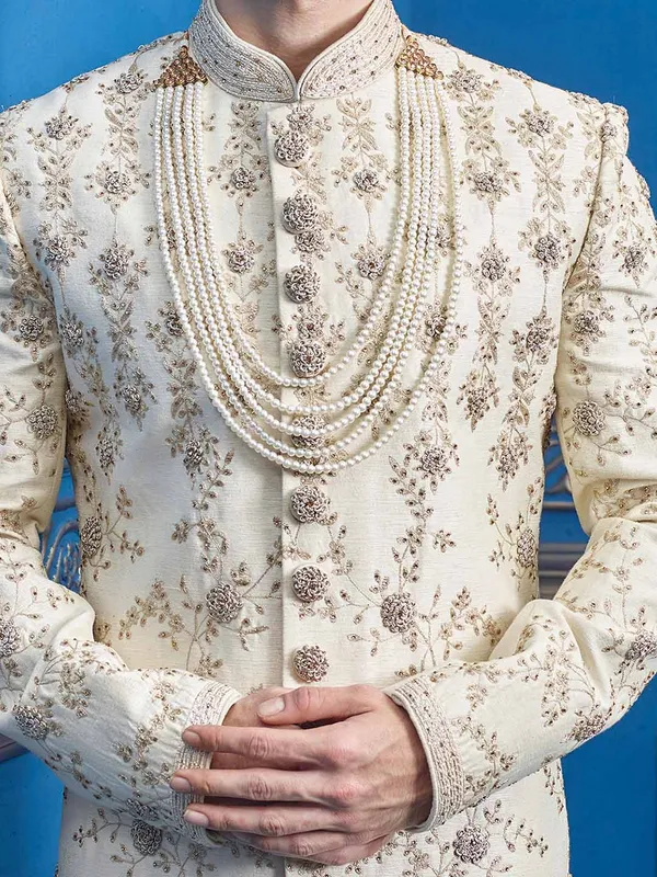 Cream raw silk groom sherwani