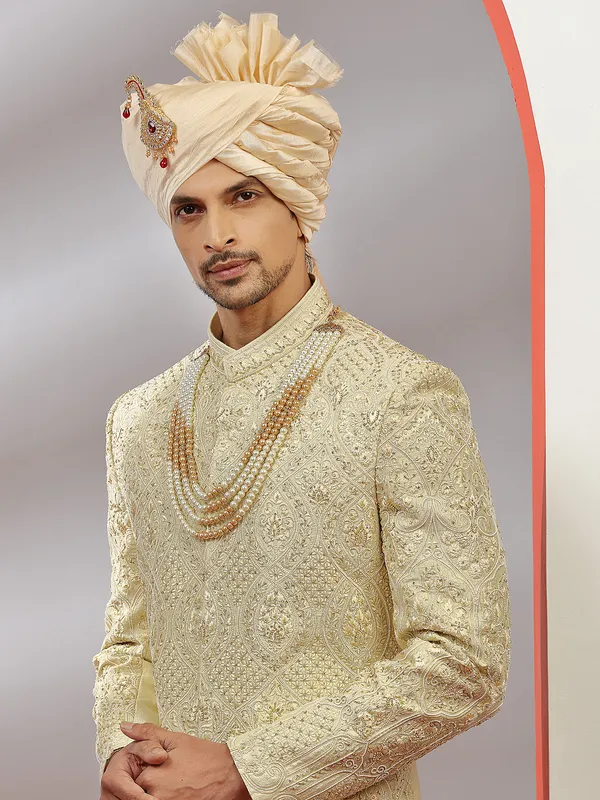 Cream raw silk groom wear men sherwani