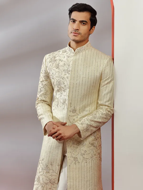 Cream raw silk groom wear sherwani for men