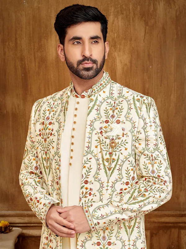 Cream raw silk indowestern with exquisite embroidery for men