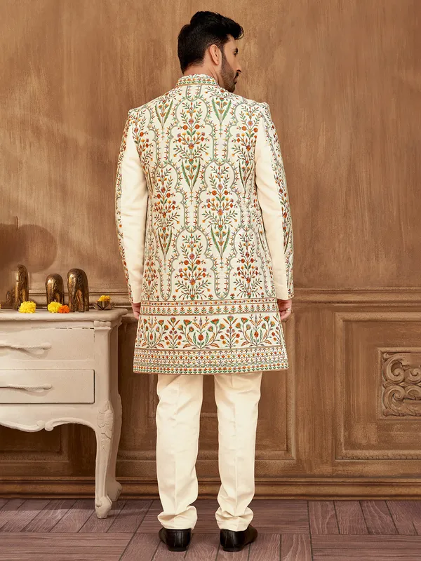 Cream raw silk indowestern with exquisite embroidery for men