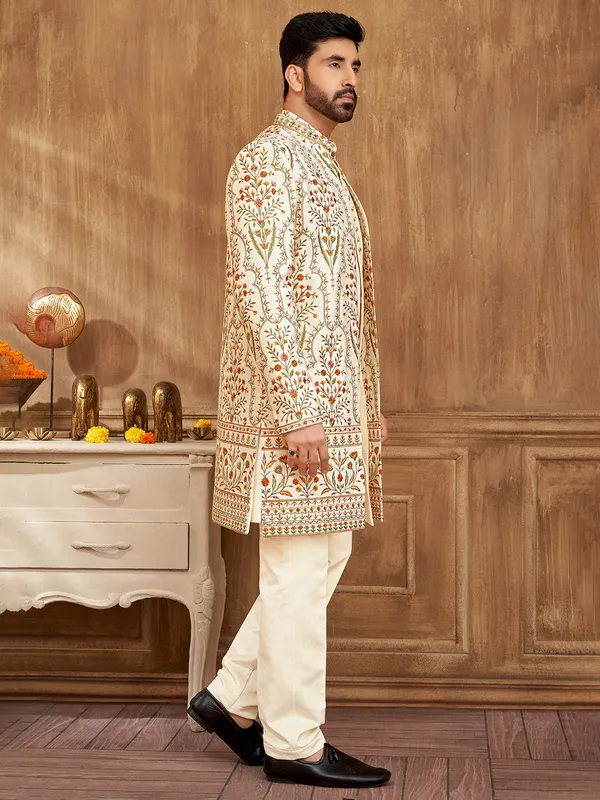 Cream raw silk indowestern with exquisite embroidery for men